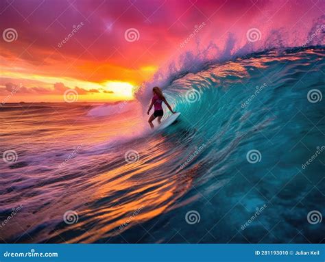 Gen Z Surfer Catching Wave At Sunset Stock Illustration Illustration