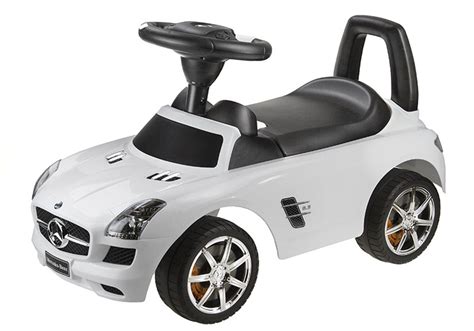 As your little driver scoots the car down the sidewalk or around your home, they can use the steering wheel to honk the horn or play music. Mercedes Benz White - Kids Push Along Ride On Car | Sport \ Push Along Ride-on