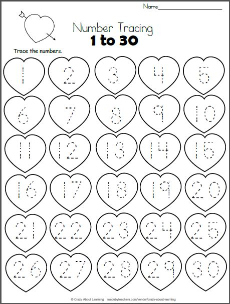 Valentine Hearts Math Worksheet Trace 1 To 30 Made By Teachers