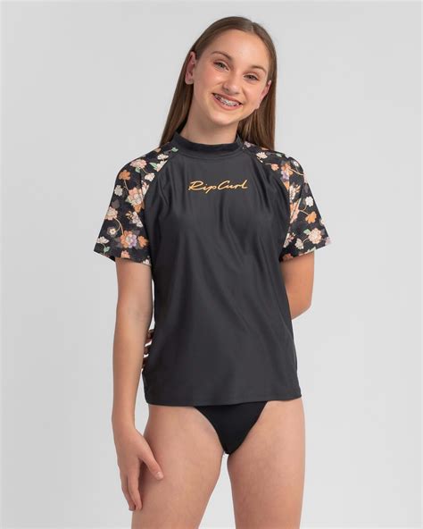 rip curl girls short sleeve rash vest in washed black fast shipping and easy returns city