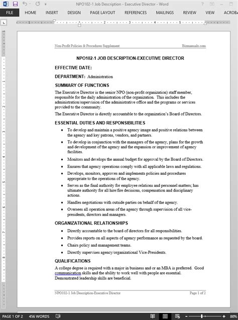 Chief executive officer position summary the director of development reports to and works closely with the president & ceo and. Executive Director Job Description Template