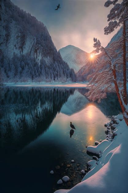 Premium Ai Image Large Body Of Water Surrounded By Snow Covered Trees