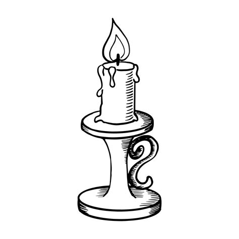 Burning Candle In Vintage Candlestick Hand Drawn Isolated Vector
