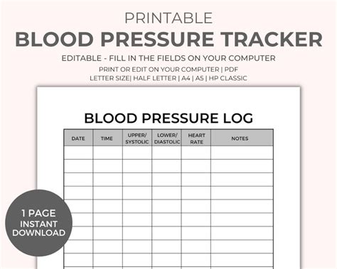 Blood Pressure Chart Printable Instant Download Medical Tracker