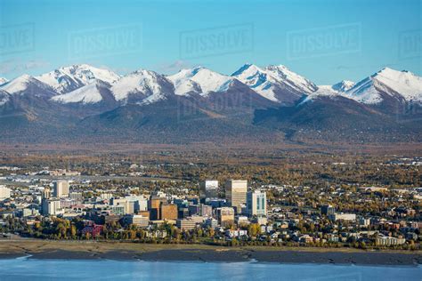 Aerial View Of Downtown Anchorage The Chugach Mountains And Cook Inlet