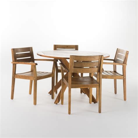 Stanford Outdoor Teak Finish Acacia Wood 5 Piece Dining Set Gdfstudio