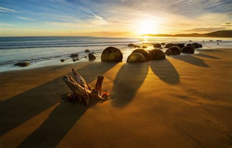 Wallpaper Sunrise Stones The Ocean Coast New Zealand New Zealand