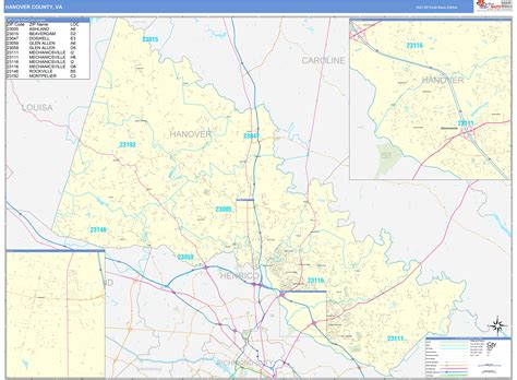 Hanover County, VA Zip Code Wall Map Basic Style by MarketMAPS - MapSales