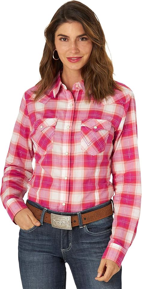 Wrangler Womens Retro Long Sleeve Western Snap Shirt Button Pink