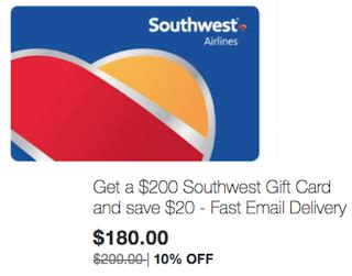 You will receive the code directly by email, so that you can use the credit immediately. $200 Southwest Airlines Gift Card $180 + Instant Email ...