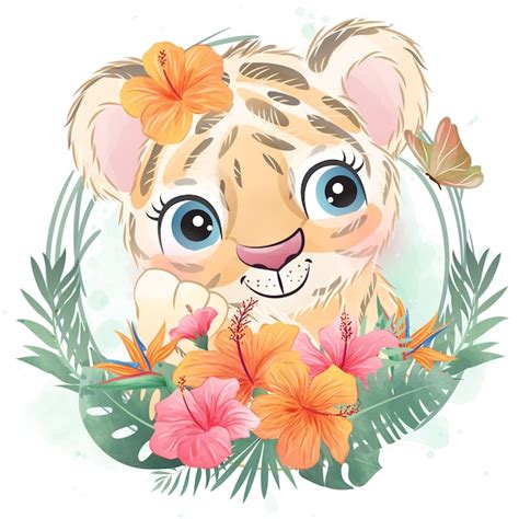Premium Vector Cute Little Tiger Portrait With Floral