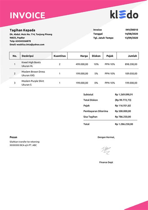 Contoh Invoice Faktur Gratis Langsung Download