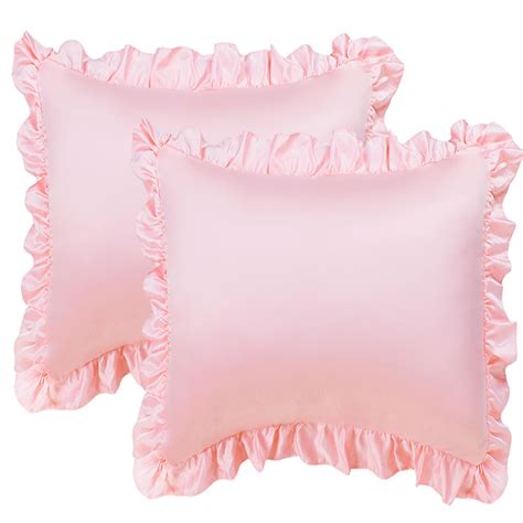 Unique Bargains 2 Piece Satin Ruffled Edge Pillow Cases Pink Euro