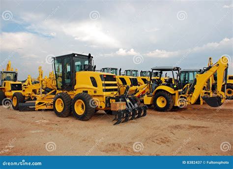 Grader And Excavator Construction Equipment Yard Stock Image Image Of