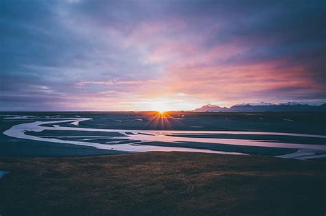 Nature Iceland River Sun Sunrise Sunset Golden Landscape Clouds
