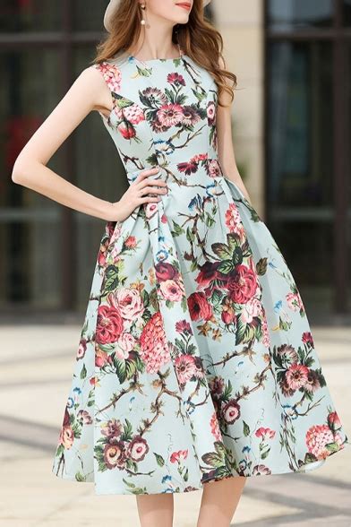 Round Neck Sleeveless Retro Floral Printed Fit And Flare Midi Dress