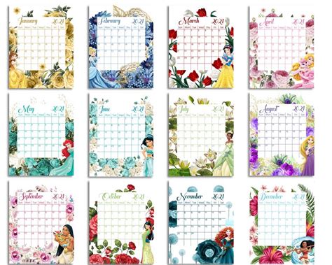 Then print it and post it. Princess 2021 Calendar Instant Download Digital Calendar ...