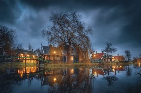 Hd Wallpaper Water Reflection Night Overcast Winter Trees House