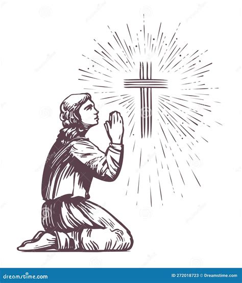 Prays Standing On His Knee Praise Of God Shining Cross Symbol Of