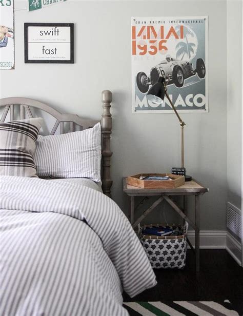 Gray Boys Bedroom With Metal Industrial Bedside Table Transitional