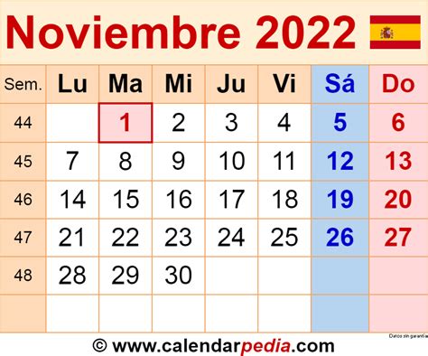 calendario noviembre 2022 en word excel y pdf calendarpedia