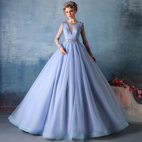 Fashion Sky Blue Prom Dress Sheer Long Sleeve Prom Dresses