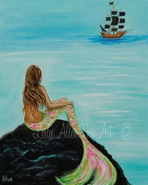 Mermaid Painting Print Mermaids Art Print Giclee Fantasy Pirate Ship
