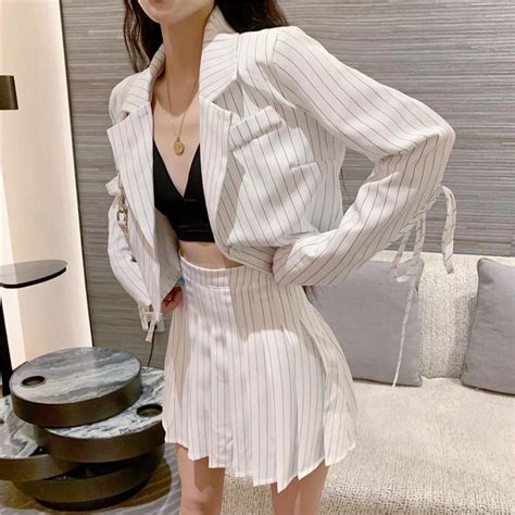 Itgirl Shop Black White Pleated Skirt And Cropped Suit Jacket 2 In 1