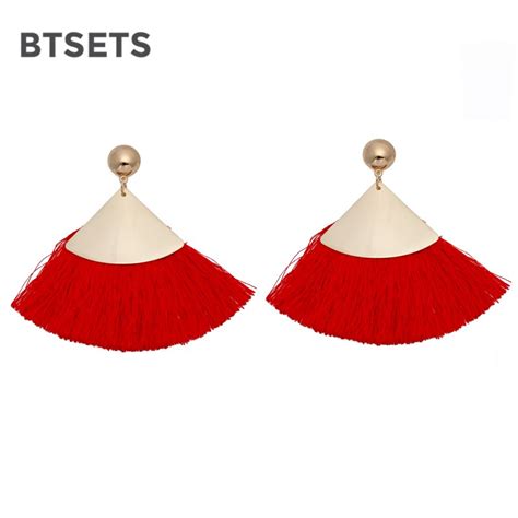 Btsets Women Tassel Earrings Fashion Jewelry Vintage Red Fan Fringe