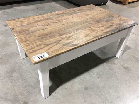 Reclaimed Natural Wood Plank Top Coffee Table With Painted White Base