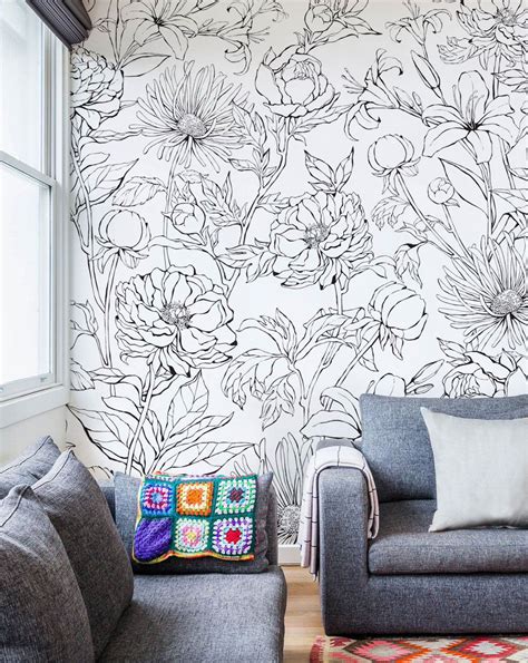 Botanical Garden Hand Drawn Flowers Accent Mural Wallpaper Etsy Uk