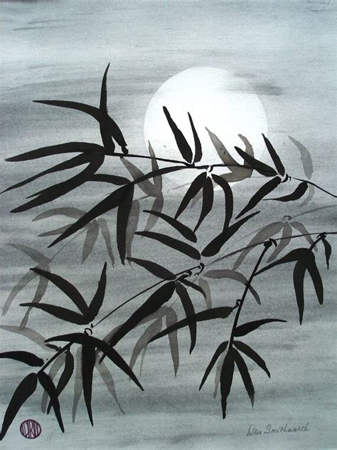 Matted And Framed Ink Wash Painting Bamboo In The Moonlight