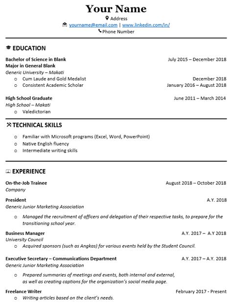 Graduate teacher resumes grude interpretomics co. Sample Resume for Fresh Graduate (2020 Filipino Guide ...