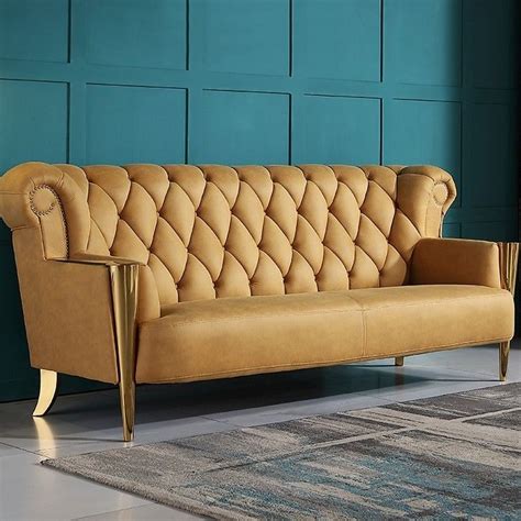 93 Modern Yellow Upholstered Chesterfield Sofa High Back Tufted Sofa 3