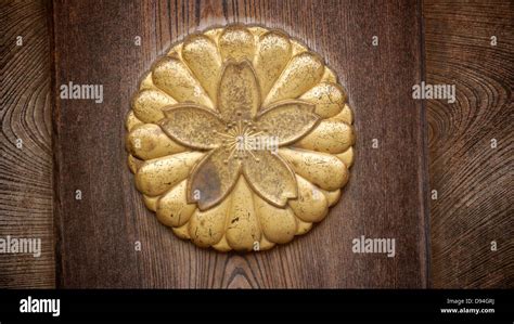 Imperial Seal Of Japan The Chrysanthemum On The Wooden Door Of The
