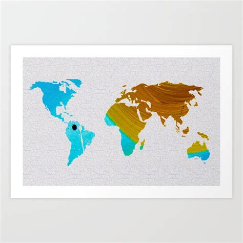 Colorful Art World Map Illustration Blue And Brown Art Print By