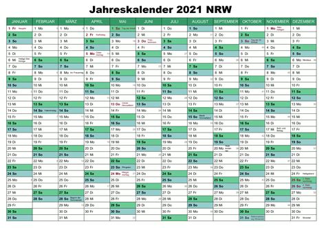 Laden sie die kalender mit feiertagen 2021 zum ausdrucken. Kostenlos Jahreskalender 2021 NRW Zum Ausdrucken | The ...