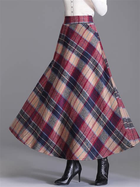 Tigena Vintage Long Plaid Skirt Women 2021 Fall Winter Elegant Thick
