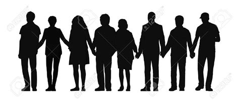 Silhouette Of Group Of People Standing Their Hands Holding All Together