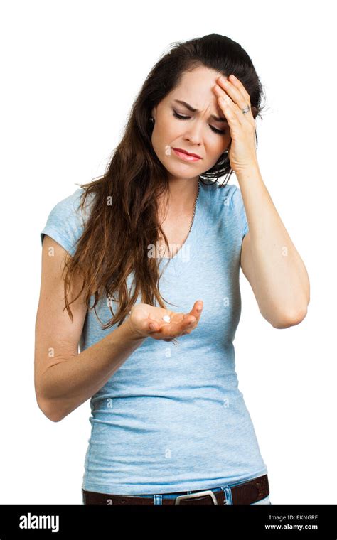 Woman With Headache Looking At Pill Stock Photo Alamy