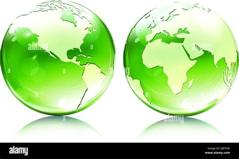 Vector Illustration Of Green Glossy Earth Map Globes In Different