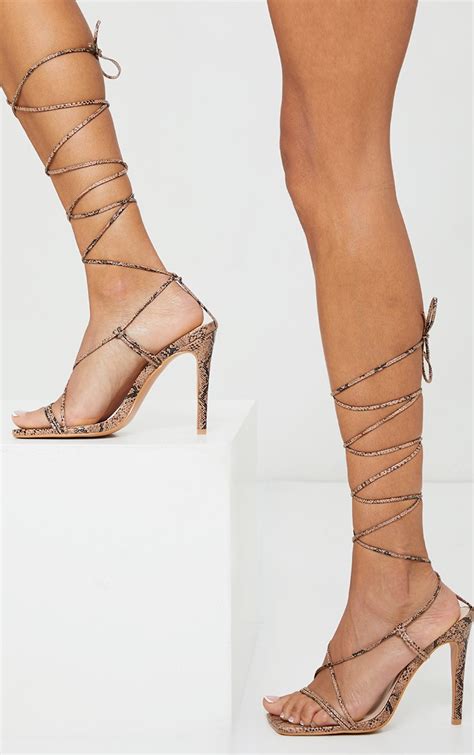 Nude Pu Barely There Lace Up High Heels Prettylittlething Aus