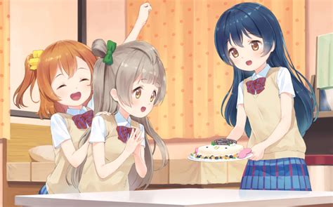 Safebooru 3girls Arm Up Bangs Birthday Cake Birthday Party Blue Hair