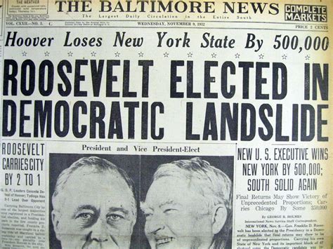 1932 headline newspaper Democrat FRANKLIN D ROOSEVELT ELECTED PRESIDENT