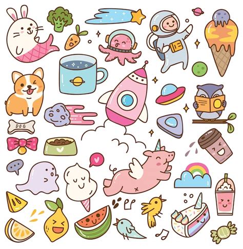 Set Van Kawaii Doodles Premium Vector