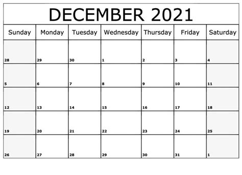December 2021 Calendar Printable Monthly Template
