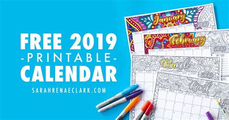 Free 2019 Printable Coloring Calendar By Sarah Renae Clark Coloring