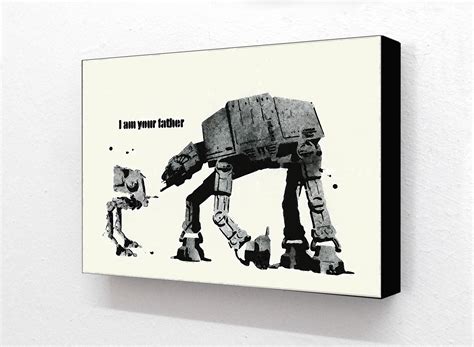 Wrapped over sustainable 1.5 deep fsc certified pine wood. Banksy - WHITE I am Your Father Horizontal Block mounted Print - Camden Town Poster Company
