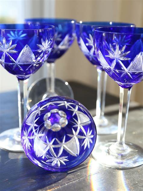 Five Val St Lambert Cobalt Blue Cut To Clear Crystal Wine Glasses European Antiques