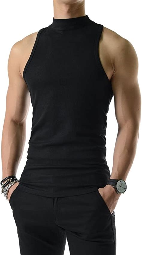 Slv02 Mens Slim Fit Sexy High Neck Tank Top 100 Cotton Sleeveless Tshirts Black Us Xs Tag